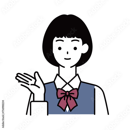 案内をする女子生徒の上半身・ポーズイラスト
