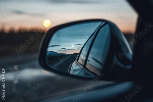 Car's rear view mirror shows reflection of moon in sky © vefimov