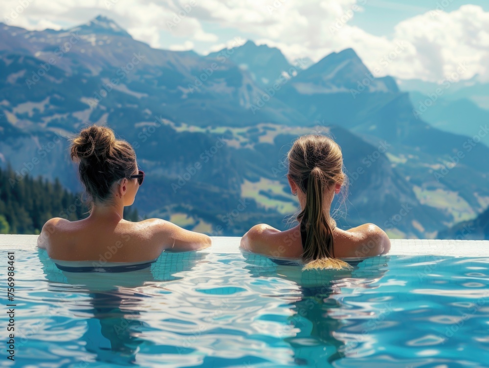 Two women are in pool, one with ponytail and other with bun