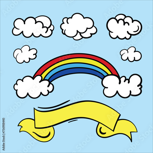 Beautiful cartoon rainbow and clouds Hand drawn vector illustration
