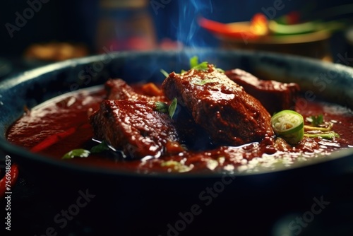 Bowl of red food with lot of meat and vegetables