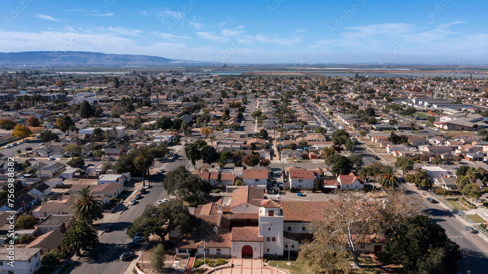 Aerial view of a historic church and surrounding neighborhood of Santa Maria, California, USA.
