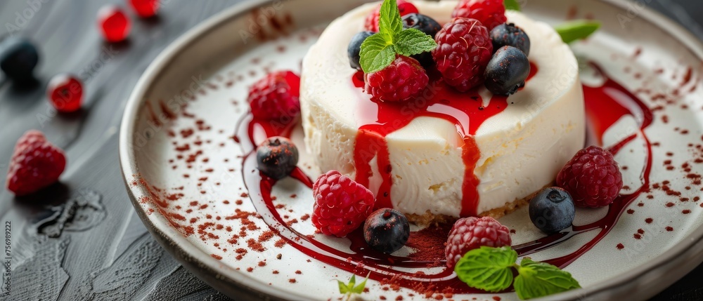 Cheesecake with berry sauce and mint Cheesecake with berry sauce and mint