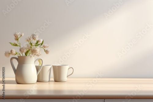 White vase with flowers sits on wooden table