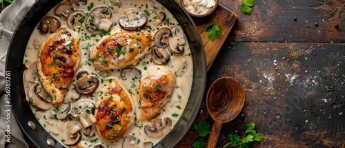 Chicken and mushrooms in cream sauce on pan top view with space for text