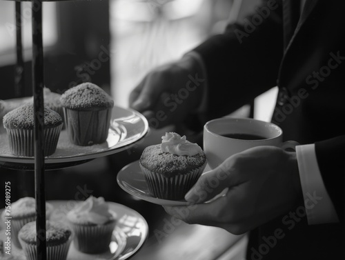 Man is holding plate with cupcakes and cup of coffee