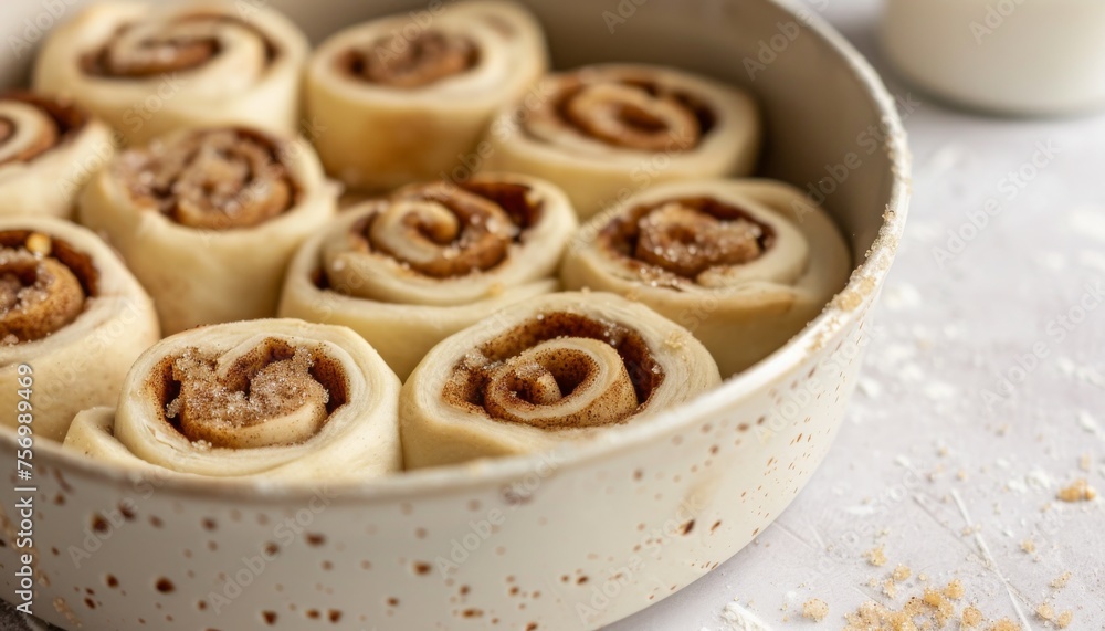 Cinnamon roll dough proving resting in a speckled cream ceramic dish with visible cinnamon and brown sugar