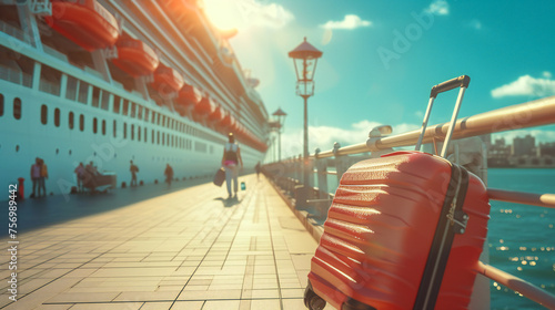 A luggage sitting in front of a large cruise ship. Vacation, cruise and travel concept.