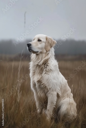 Large white dog is sitting in field of tall grass