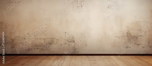 An empty room with a brown hardwood floor and a concrete wall, showcasing the beauty of wood stain and varnish on the flooring