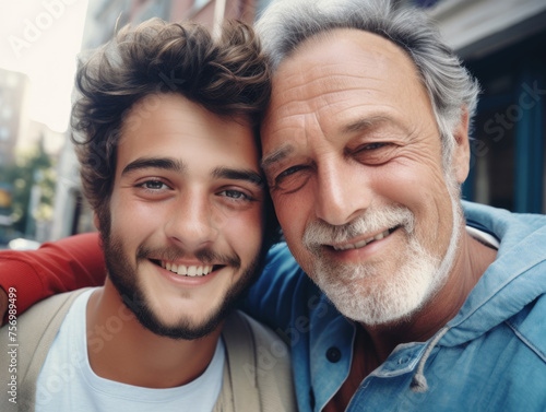 Man and young man are smiling at camera