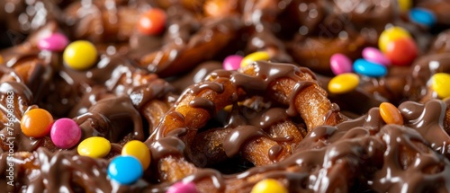 Close up of candy topped caramel chocolate funnel cake