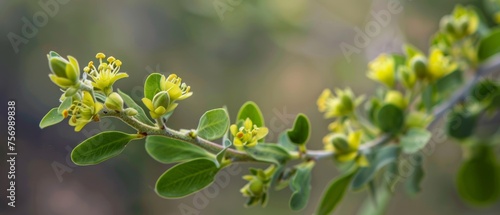Close up of green Jojoba nut growing in Tucson s Pima Canyon trail with Cat s Claw Acacia in background 2018