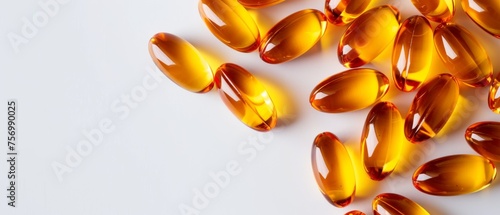 Close up view of Omega 3 capsules on white background with copy space Top view high res product Concept of health care