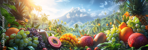 Various tropical fruits with tropical forrest background for web template and banner.
