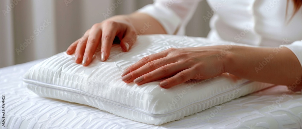 Obraz premium Closeup of female hands on orthopedic pillow