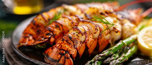 Closeup of grilled lobster tails with asparagus and bearnaise sauce photo