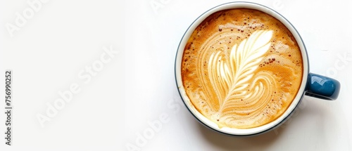 Closeup top view of blue coffee cup with frothy foam isolated on white background Concept of cafe and barista art