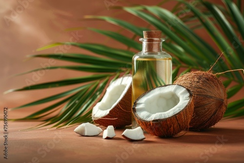 Coconut palm oil bottle with coconuts and palm tree leaf on brown background close up Healthy vegan skincare concept