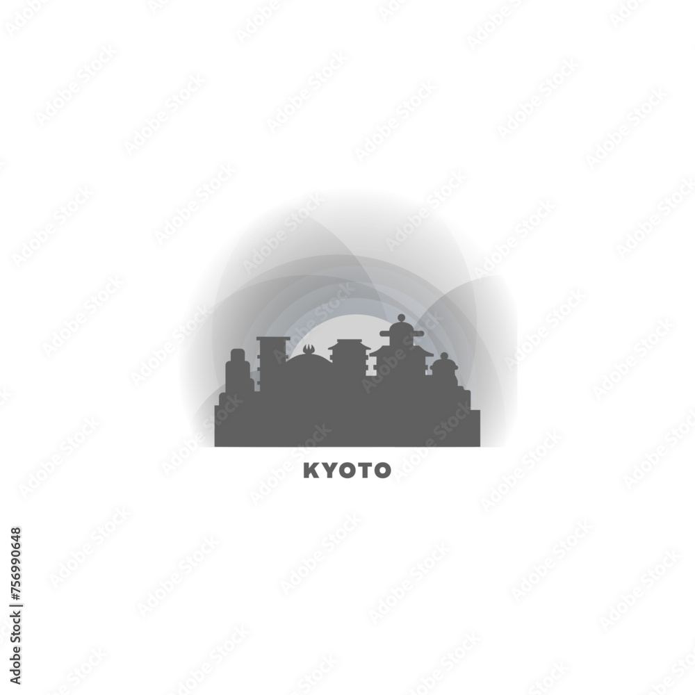 Kyoto cityscape skyline city panorama vector flat logo, modern icon. Japan emblem idea with landmarks and building silhouettes, isolated clipart at sunset, sunrise, night