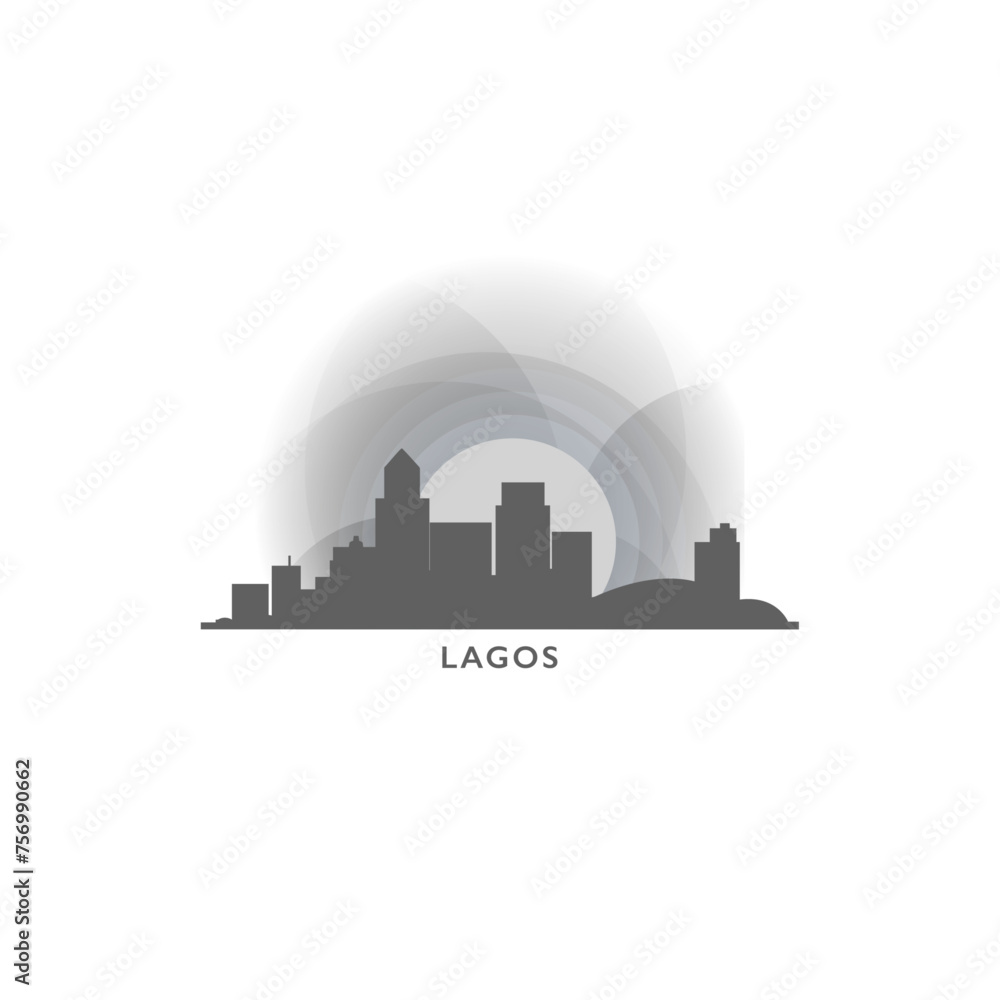 Lagos cityscape skyline city panorama vector flat logo, modern icon. Nigeria capital emblem idea with landmarks and building silhouettes, isolated clipart at sunset, sunrise, night