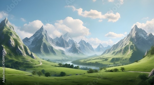Unrealistic verdant terrain featuring hills and mountains