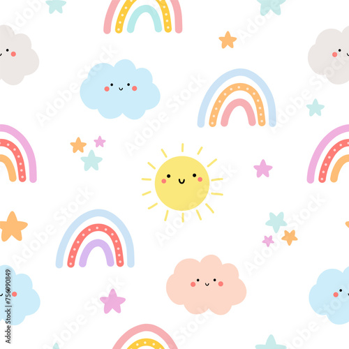 Seamless pattern with cute weather  cloud  sun  star for your fabric  children textile  apparel  nursery decoration  gift wrap paper  baby s shirt. Vector illustration