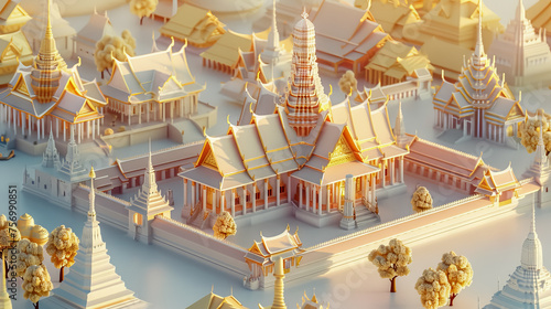 A stunningly detailed and stylized rendering of an ornate Thai temple complex bathed in golden sunlight.