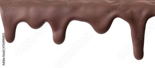 Melted chocolate drips from cake on white background