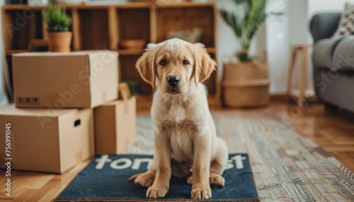 Dog on Welcome Mat near Boxes in Home