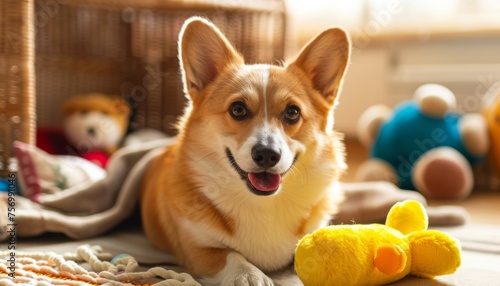 Corgi dog with various cute accessories at home