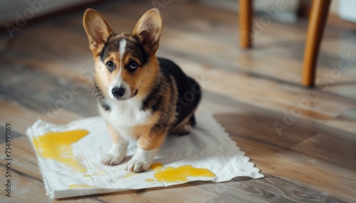 Corgi puppy with a stained diaper looks guilty Potty training and pet hygiene