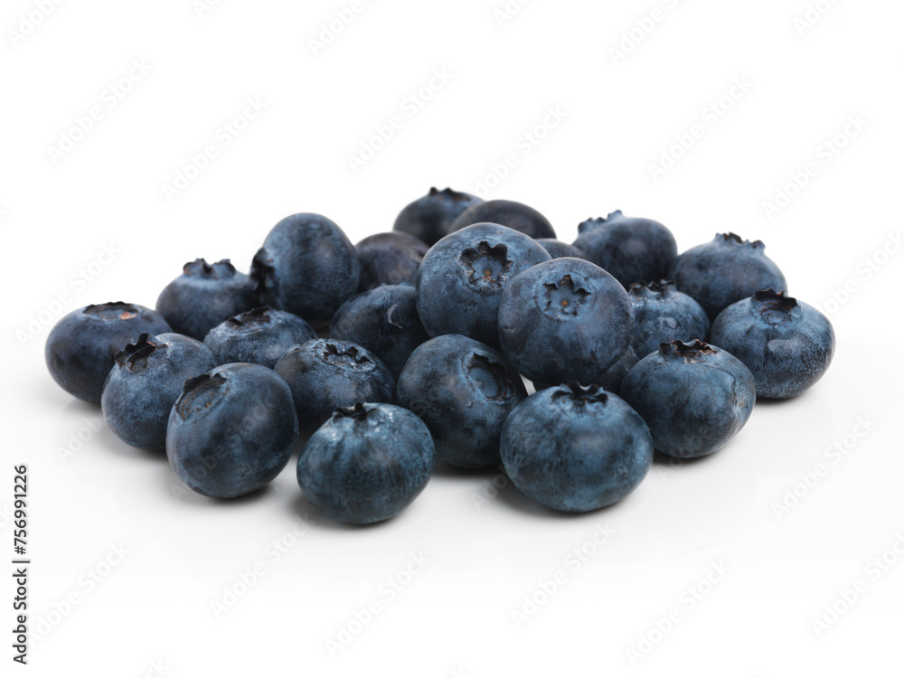 Blueberry, bunch and pile with natural fruit for vegetarian, vitamins or nutrition on a white studio background. Closeup of organic ingredients for sustainability, diet or healthy food on mockup