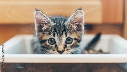 Curious kitten near home s closed litter box