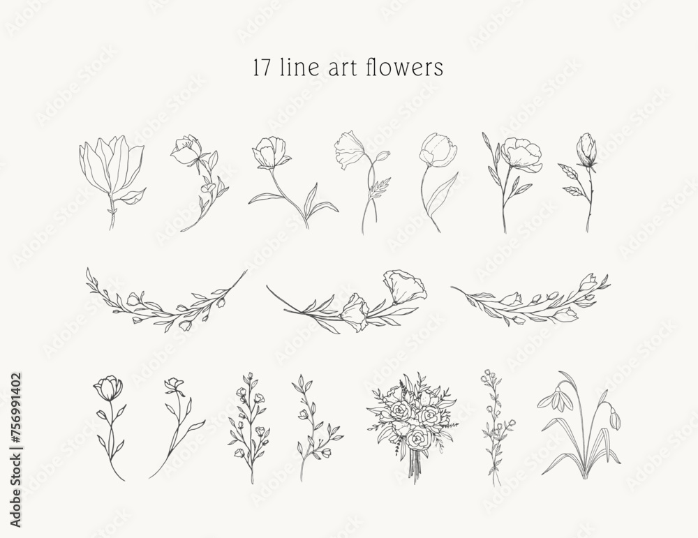 Simple and elegant hand-drawn minimalist floral line art illustrations