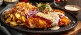 Deep fried chicken breast with creamy sauce cheese roasted potato coleslaw ketchup on black plate
