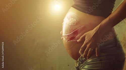 Closeup of Woman's Belly with a Scar from a Cesarean Section, Postpartum Body Image, Healthcare Concept, Generative AI

 photo