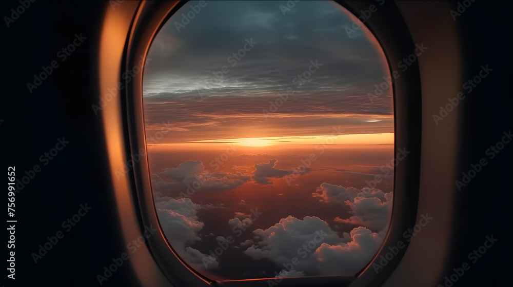 Beautiful sunset, sky on the top view, airplane flying view from inside window aircraft of Traveling Beautiful sunset, sky on the top view, airplane flying view from inside window aircraft of Traveling