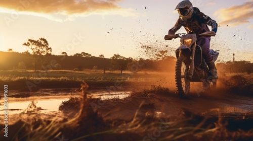 Motorcycle racer. Off-Road Race bike in action at evening in forest © Vladimir
