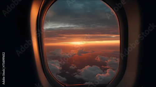 Beautiful sunset, sky on the top view, airplane flying view from inside window aircraft of Traveling