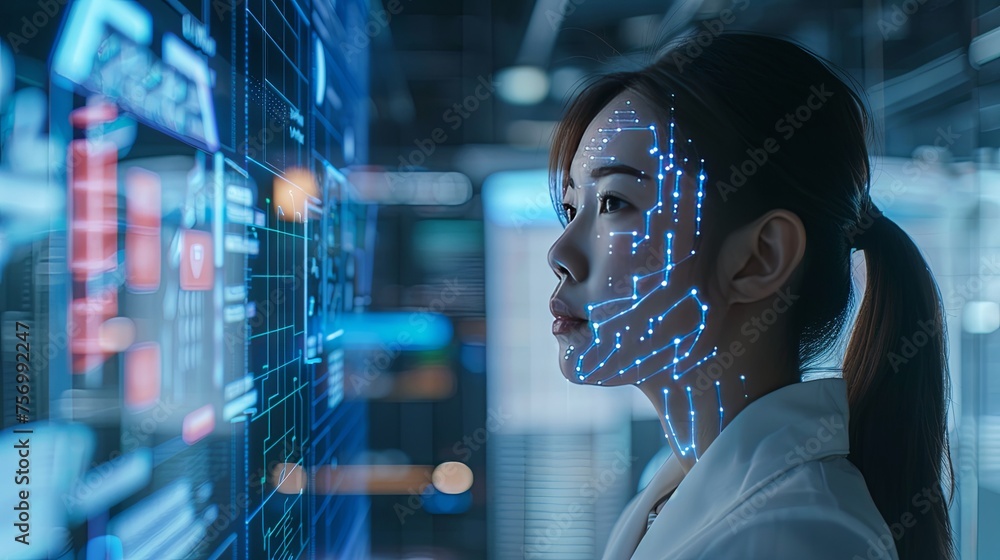 Woman Interfacing with Advanced Technology Display
An Asian woman with illuminated digital interface graphics on her face analyzing data on a high-tech screen in a modern setting.
Woman Interfacing with Advanced Technology Display
An Asian woman with illuminated digital interface graphics on her face analyzing data on a high-tech screen in a modern setting.