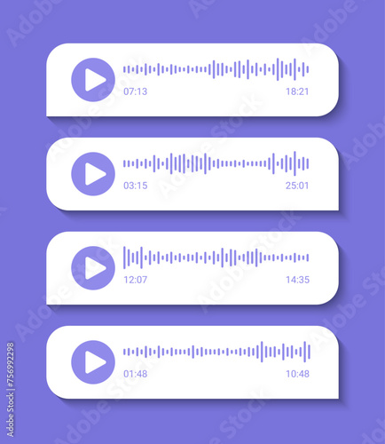 Message voice record. Podcast soundwave line of voice. Mobile app sound wave. Social network speech audio. Spectrum noise and play button. Record music player. Vector illustration.