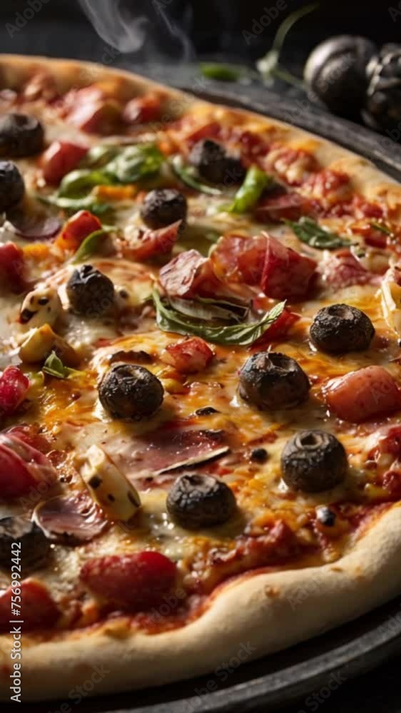 Close Up of Tasty Pizza with steaming smoke. Pizza with salami. Close Up of Tasty Pizza with steaming smoke. Pizza with salami.