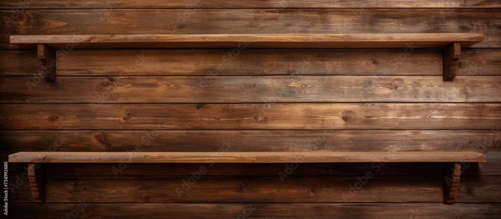 Naklejka premium Three brown hardwood shelves made of wood planks against a wooden wall, showcasing a beautiful wood stain and creating a rustic look