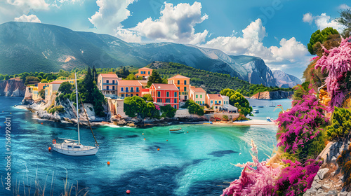 Colorful Greece Series: Colorful Assos with Beautiful Traditional Buildings and Vibrant Mediterranean Atmosphere, Travel Destination Postcard, Generative AI

 photo