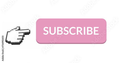 Obraz na płótnie 4K digital image of a pink subscribe button with animated hand icon on white