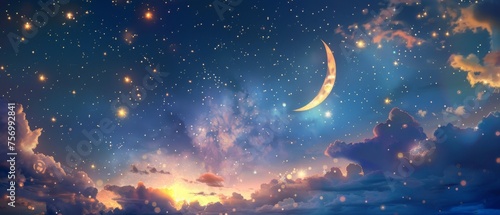 Eid background with moon and stars holy month Ramadan light above