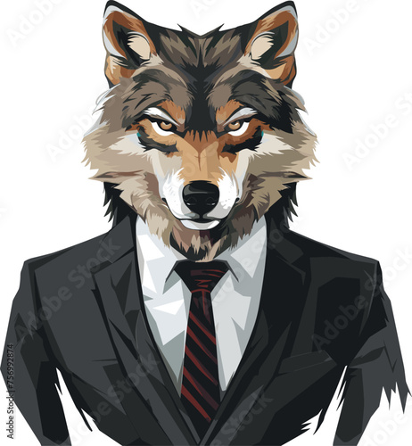 An illustration of a stylish wolf in a formal suit, representing a business concept. It's serious and authoritative, with a focus on the wolf's head.
