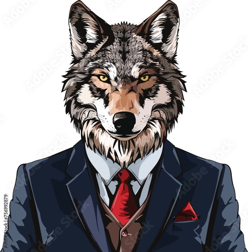 An illustration of a stylish wolf in a formal suit, representing a business concept. It's serious and authoritative, with a focus on the wolf's head.
