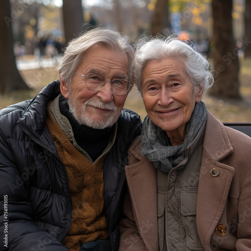 woman man senior couple happy retirement together elderly hug active bonding park outdoor sitting bench leisure fun smiling love old nature wife happiness mature ai technology © Hulkbuster